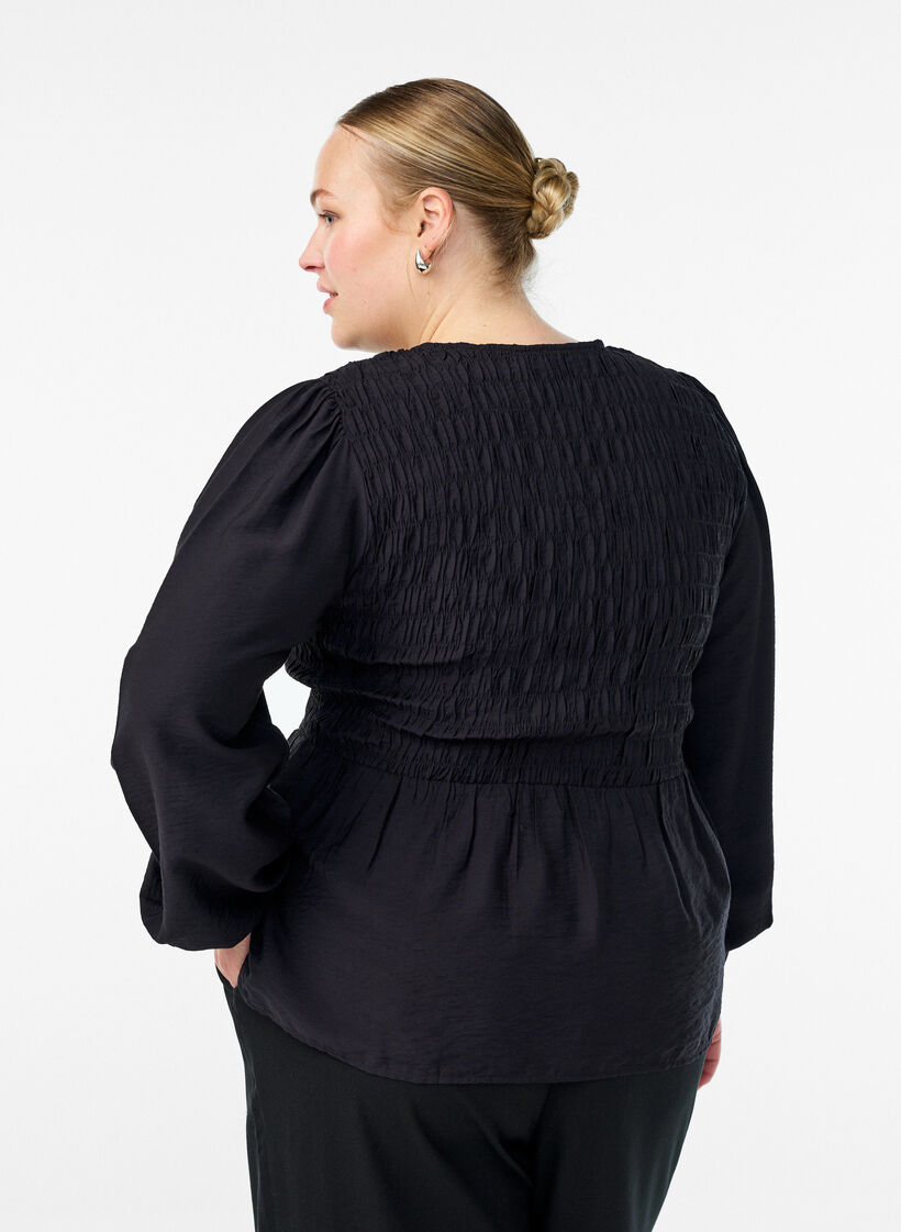 Blouse avec smocks et manches longues, Noir, Model image number 2