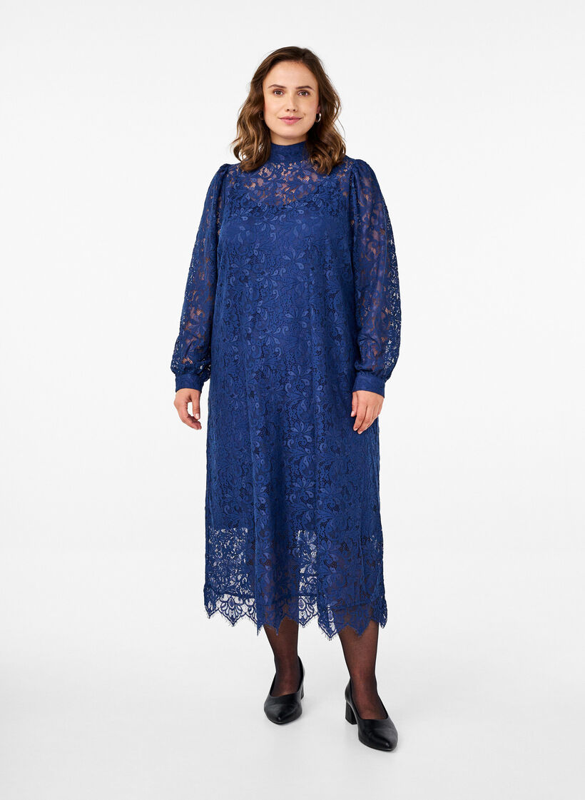 Jurk van kant met lange mouwen en hoge hals, Estate Blue, Model image number 0