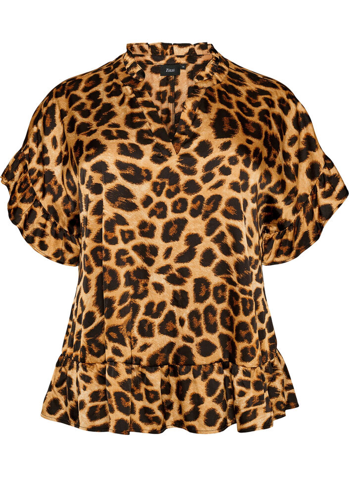 Blouse met luipaardprint en ruches, Bruin, Packshot image number 0