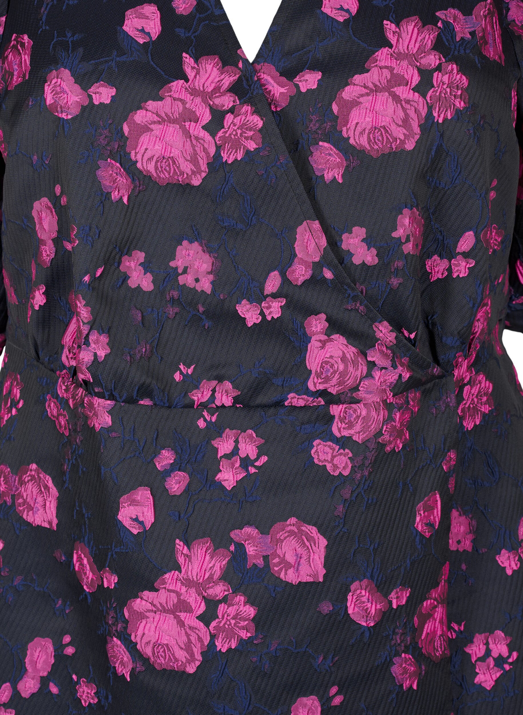 ZizziKorte jacquard wikkeljurk, Black w. Red Rose, Packshot image number 2