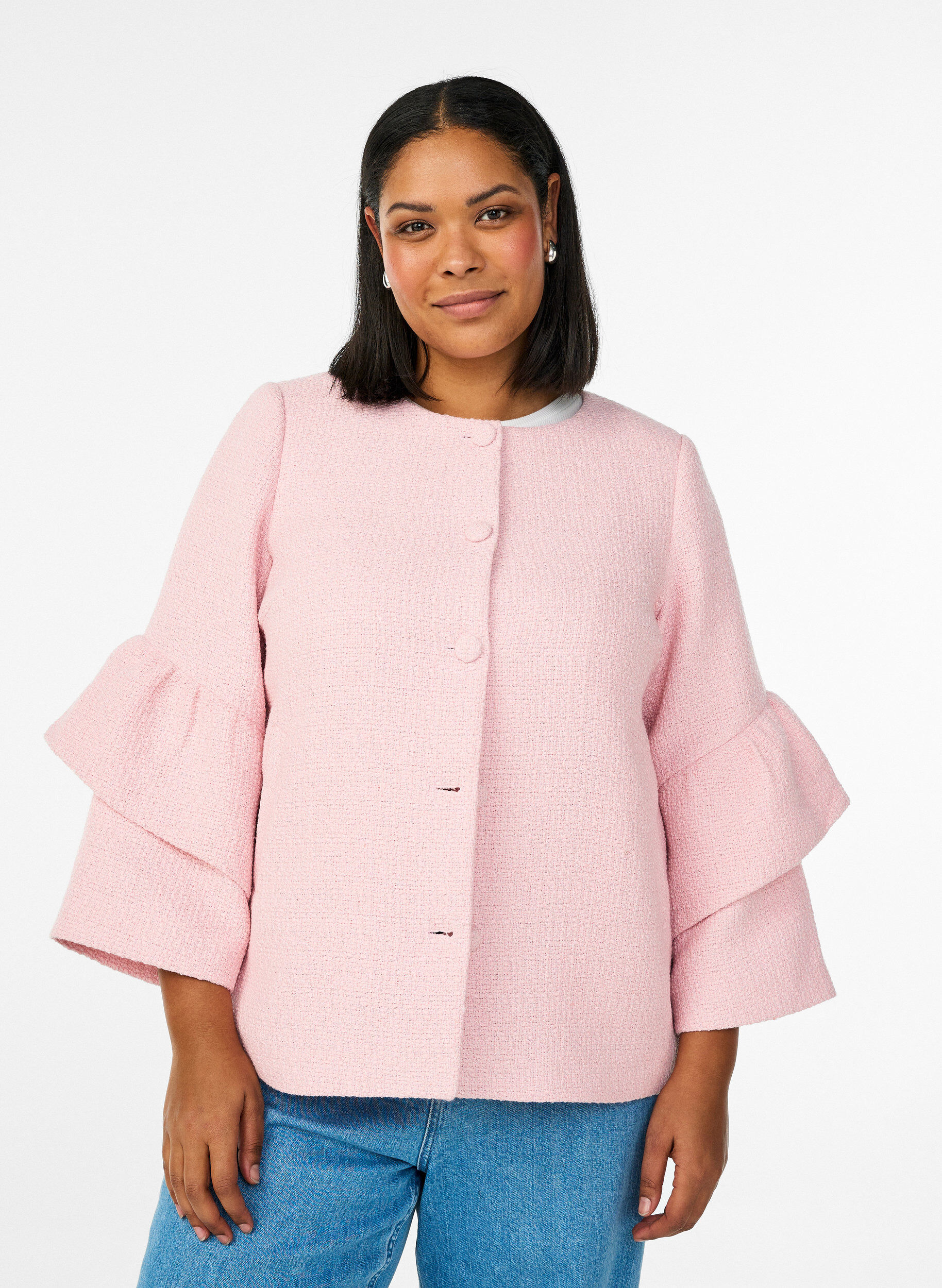 Veste boucl&eacute;e avec volants, Rose, Model