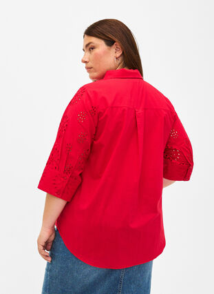 Shirtblouse met Engels borduurwerk en 3/4-mouwen, Tango Red, Model image number 1