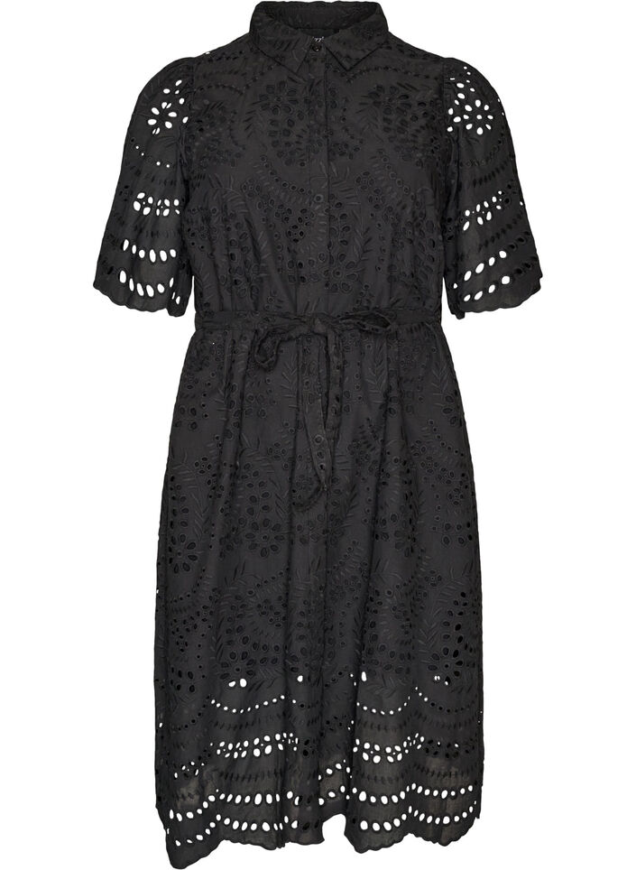 Blousejurk in broderie anglaise met strikceintuur, Zwart, Packshot image number 0