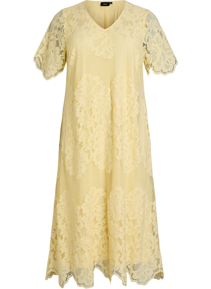 Robe midi en dentelle avec bords festonn&eacute;s, Jaune clair, Packshot image number 0