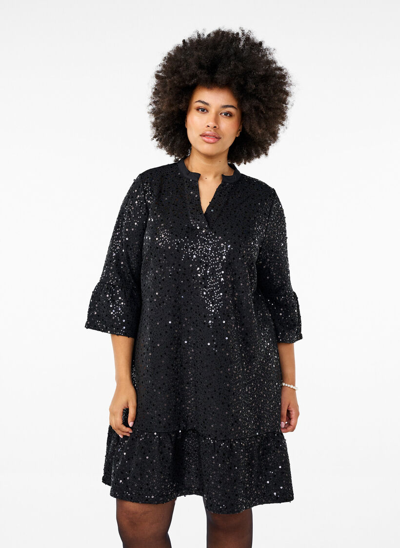Paillettenjurk met V-hals en 3/4 mouwen, Black w. Bl. Sequins, Model image number 0