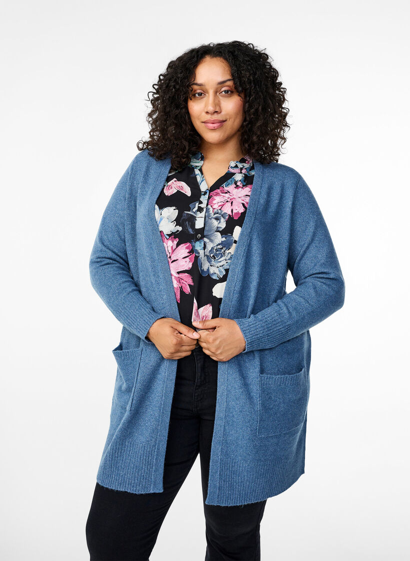 Cardigan en tricot c&ocirc;tel&eacute; avec poches, Bleu, Model image number 0