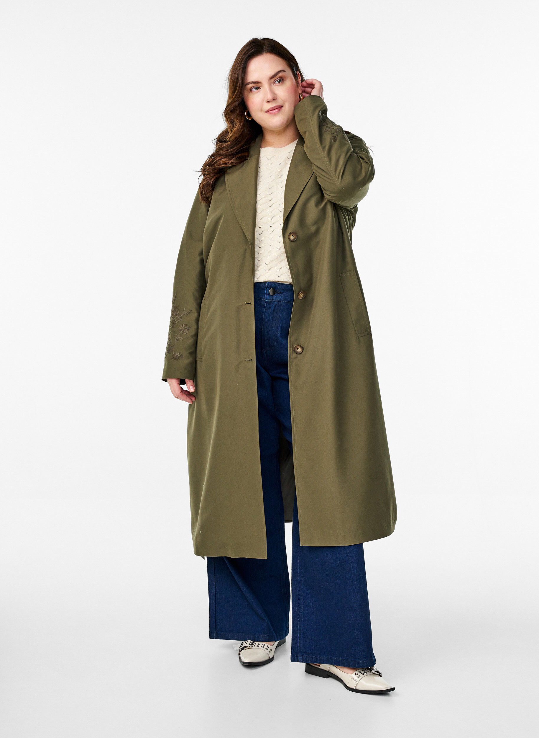 ZizziLange trenchcoat met borduursels, Groen, Model image number 0