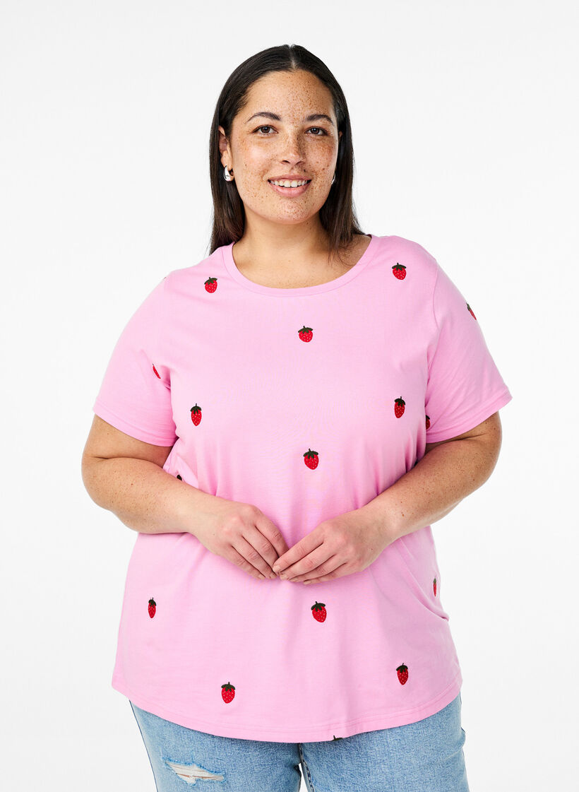 T-shirt in biologisch katoen met geborduurde motieven, Roze, Model image number 0