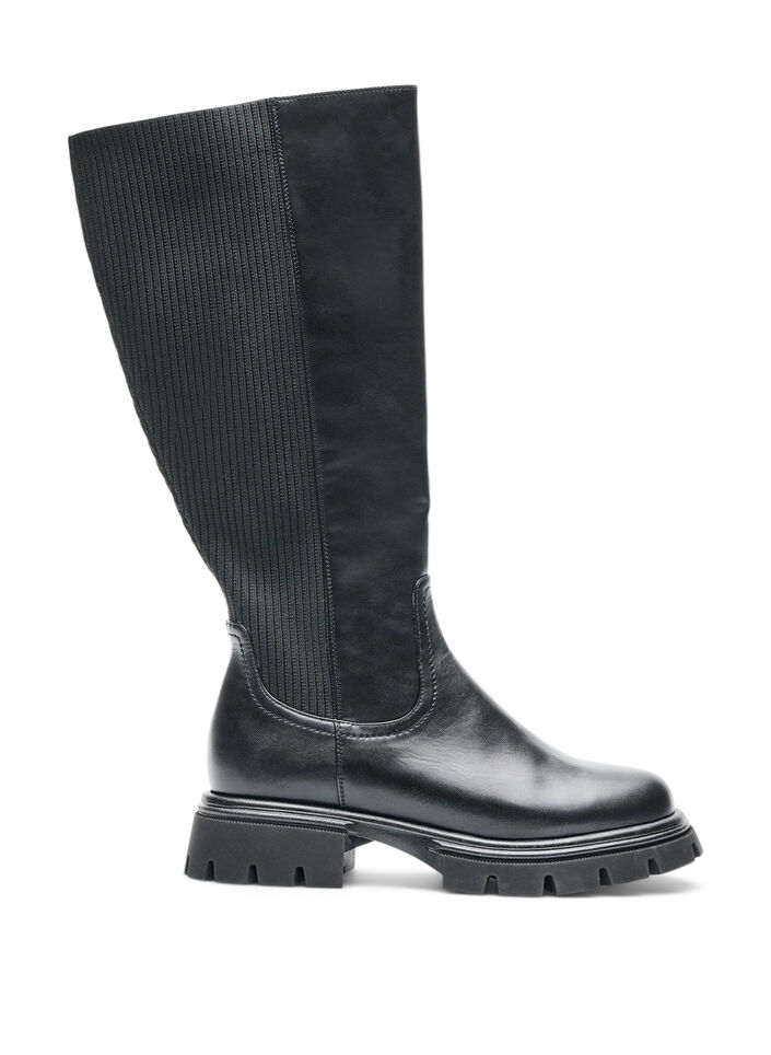 Botte haute avec empi&egrave;cements c&ocirc;tel&eacute;s, Noir, Packshot