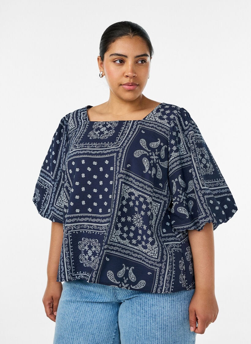 Blouse en viscose &agrave; imprim&eacute; cachemire et manches ballon, Bleu, Model image number 0