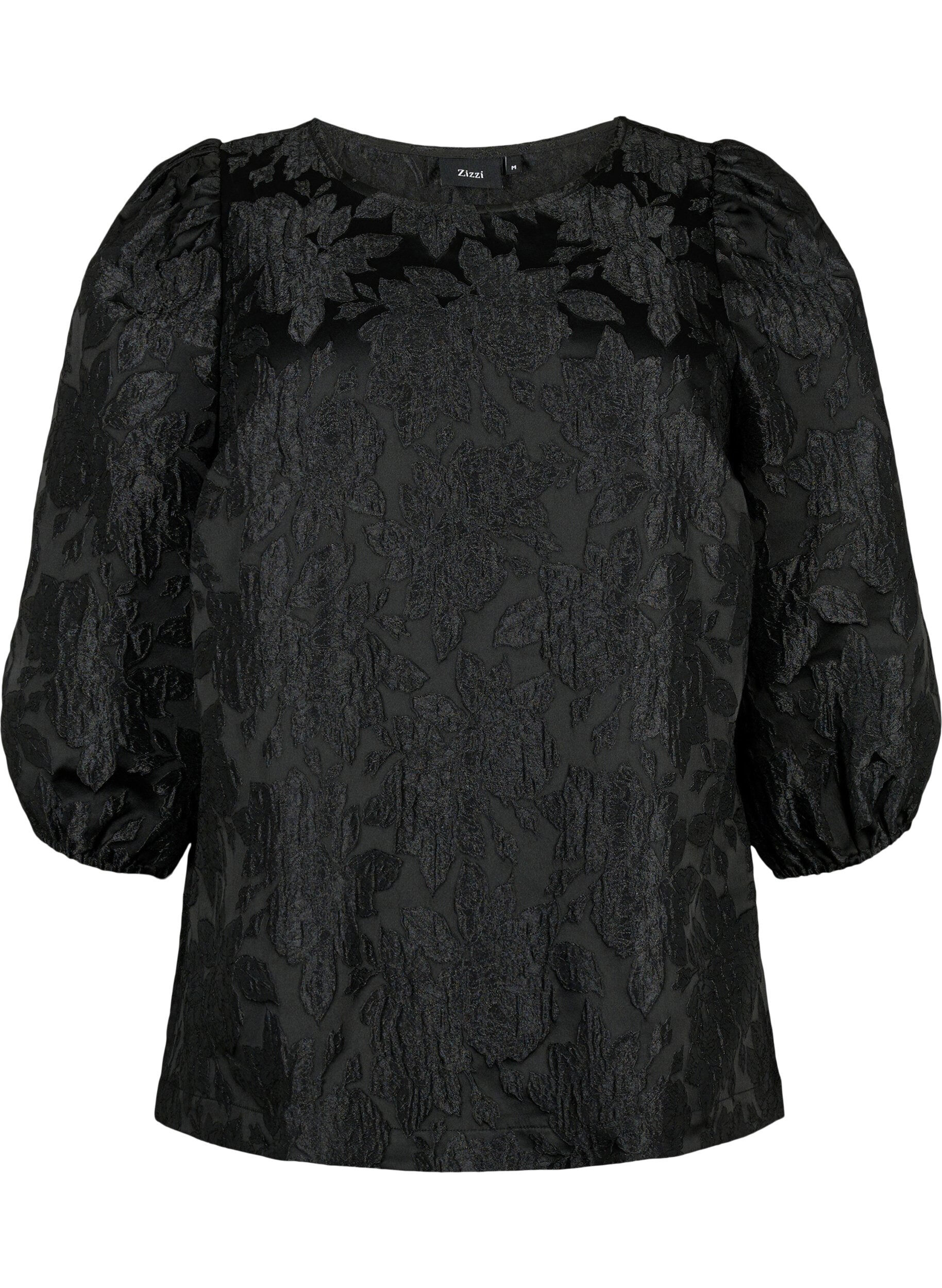 ZizziJacquard blouse met 3/4 mouwen, Black, Packshot image number 0