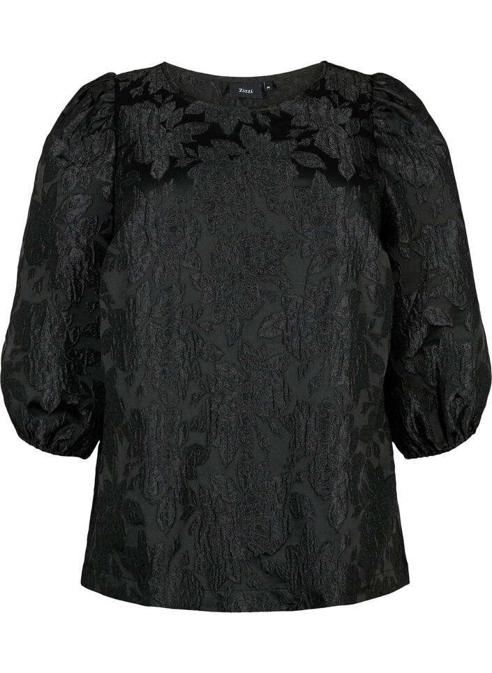 Blouse jacquard avec manches 3/4, Black, Packshot image number 0
