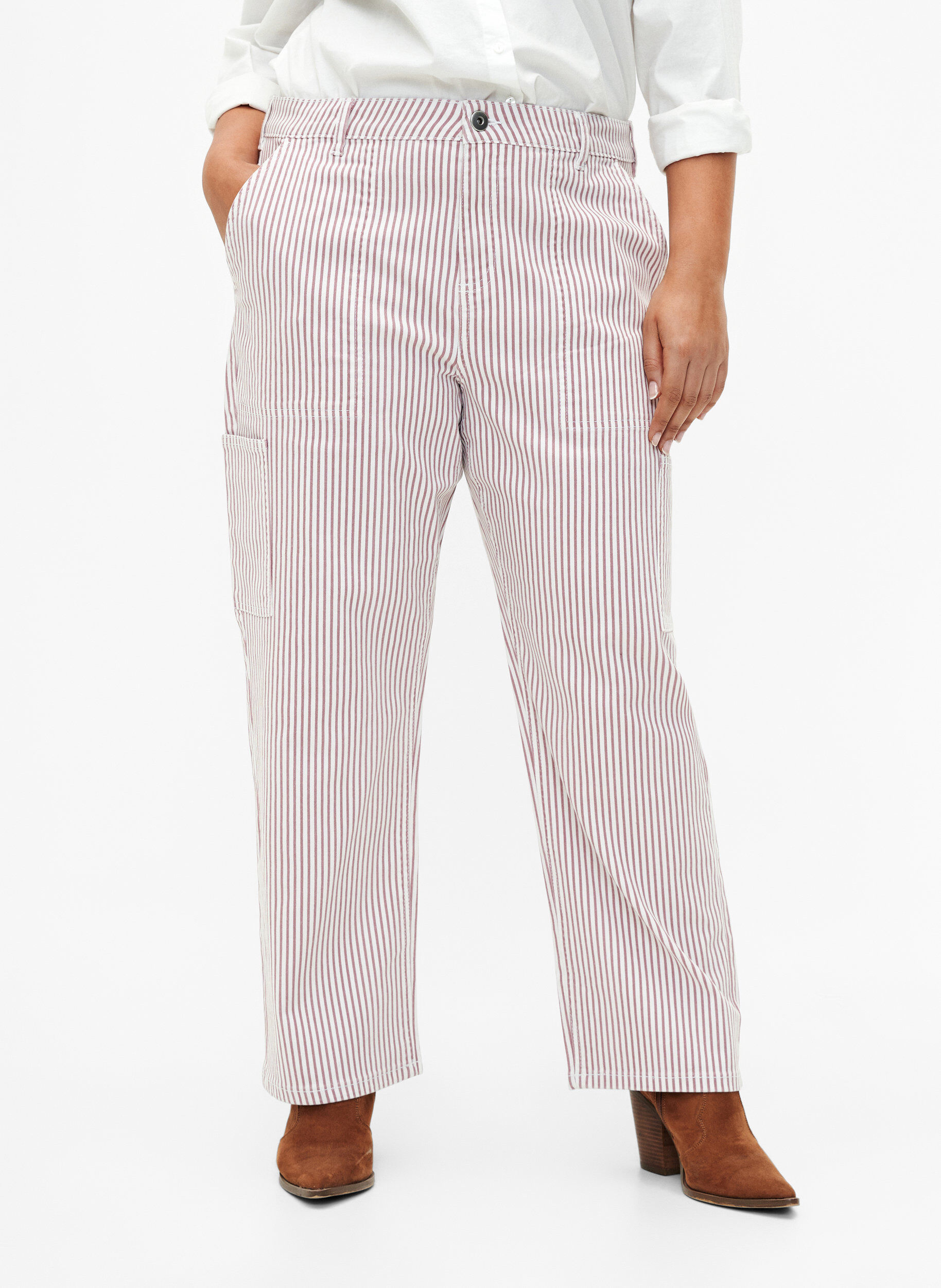 ZizziGestreepte cargo jeans met rechte pasvorm, Rose White Stripe, Model image number 2