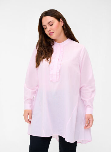 Katoenen blouse met strepen en ruches, Pink Stripe, Model image number 0