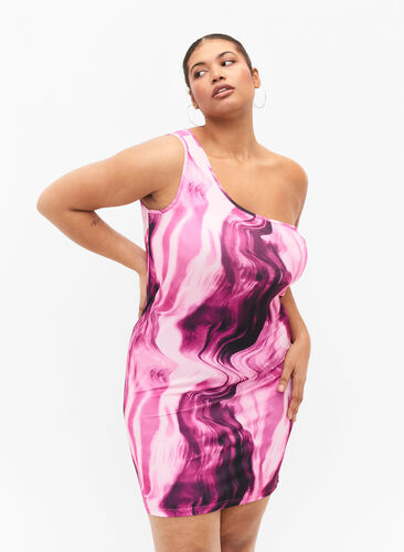 Nauwsluitende one-shoulder jurk met print, Raspberry Rose AOP, Model image number 0