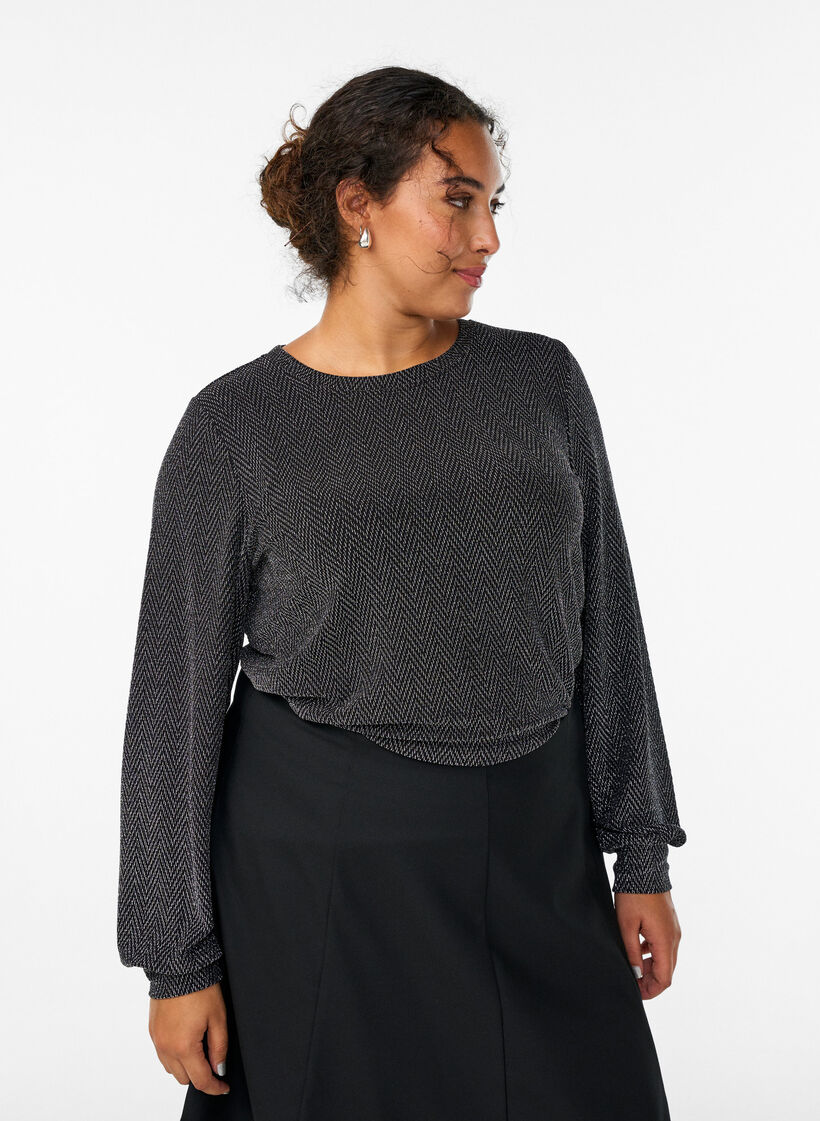 Blouse met visgraatpatroon en glinsterend garen, Zwart, Model image number 0