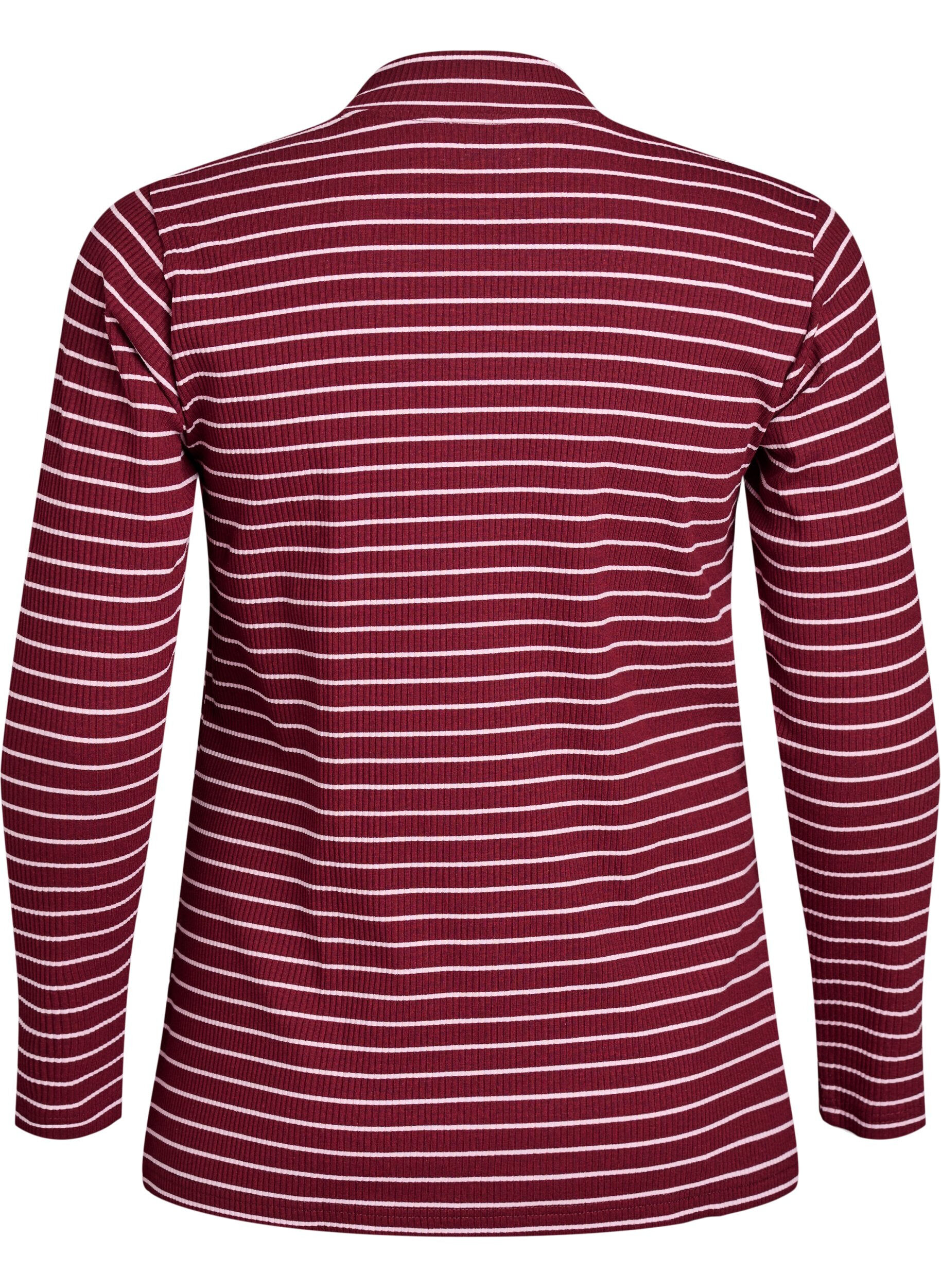 ZizziGeribde gestreepte jersey blouse met een hoge hals, Donker Bordeaux, Packshot image number 1