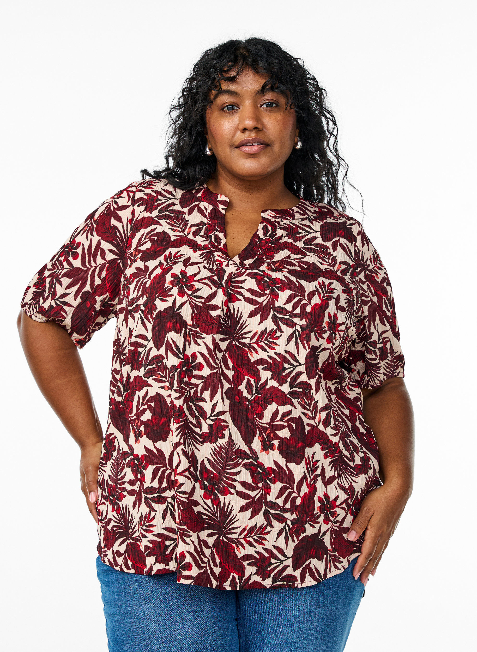 ZizziBloemenblouse met korte mouwen, Rood, Model image number 0