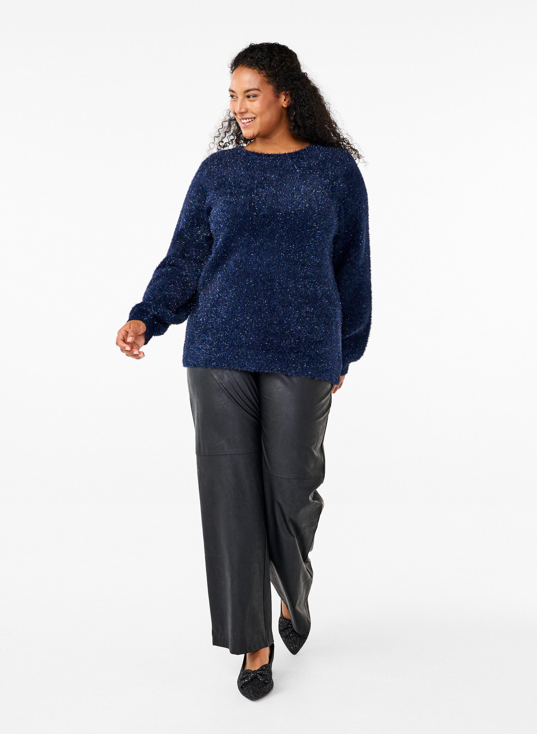 Zizzi Chemisier en maille avec fil &agrave; paillettes, Bleu, Model image number 1