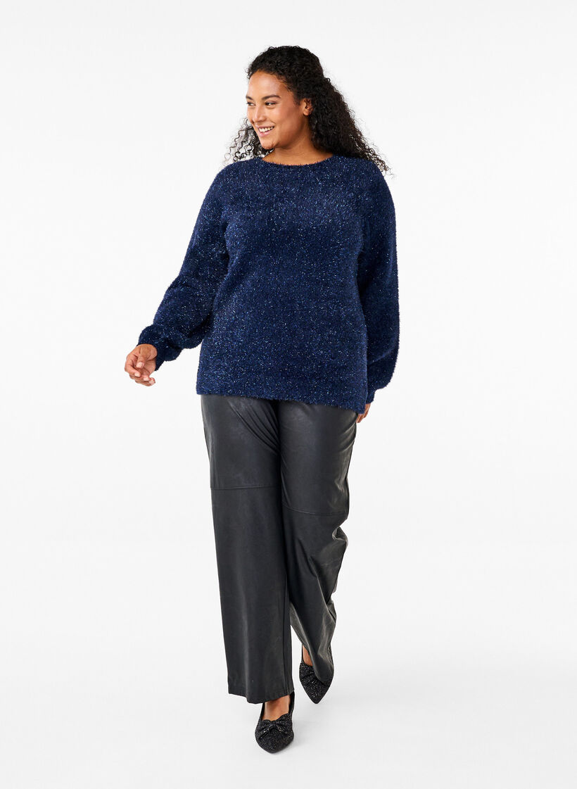 Chemisier en maille avec fil à paillettes, Bleu, Model image number 1