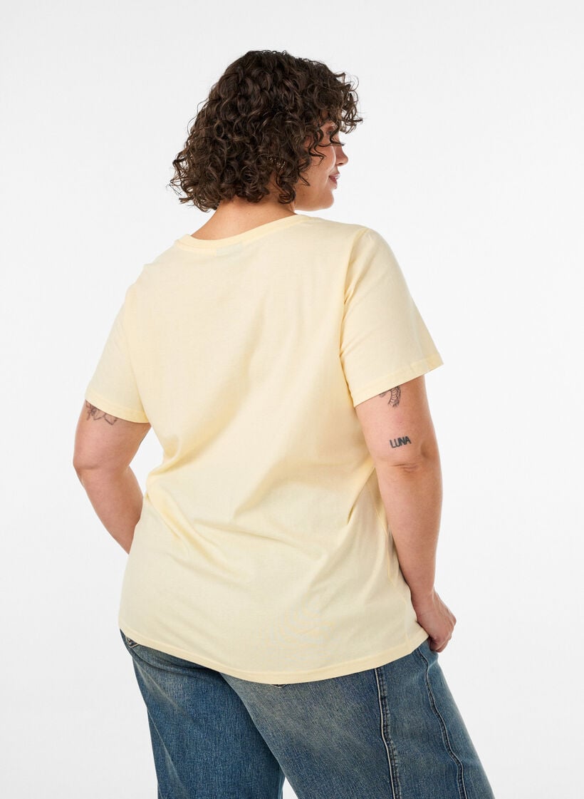 T-shirt en coton bio avec inscription en velours, Jaune clair, Model image number 2