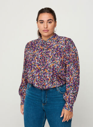 Viscose blouse met bloemenprint, Purple flower AOP, Model image number 0