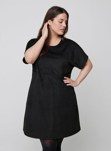 jurk in imitatiesuède met korte mouwen, Black, Model image number 0