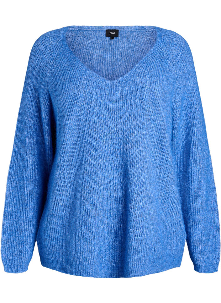 Blouse en maille &agrave; col V et manches raglan, Bleu, Packshot image number 0