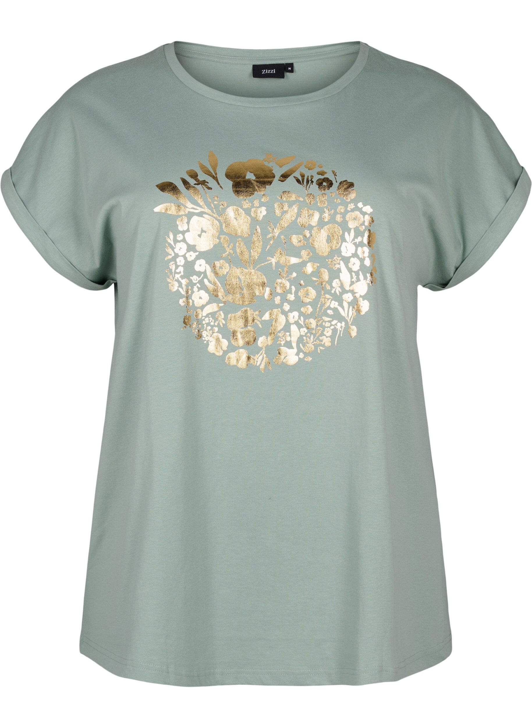 Zizzi T-shirt en coton biologique avec imprim&eacute; dor&eacute;, Ch.Green Gold Flower, Packshot image number 0