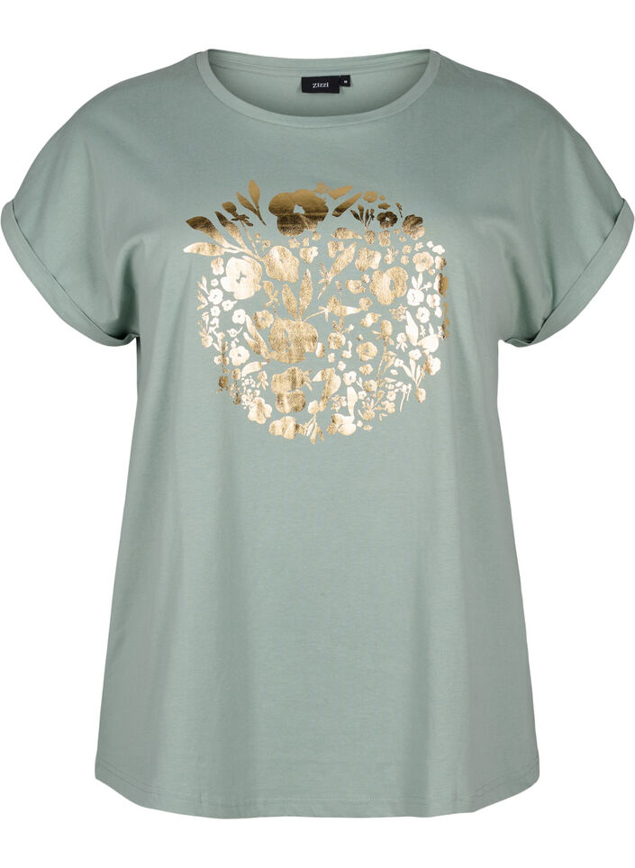 T-shirt en coton biologique avec imprim&eacute; dor&eacute;, Ch.Green Gold Flower, Packshot image number 0