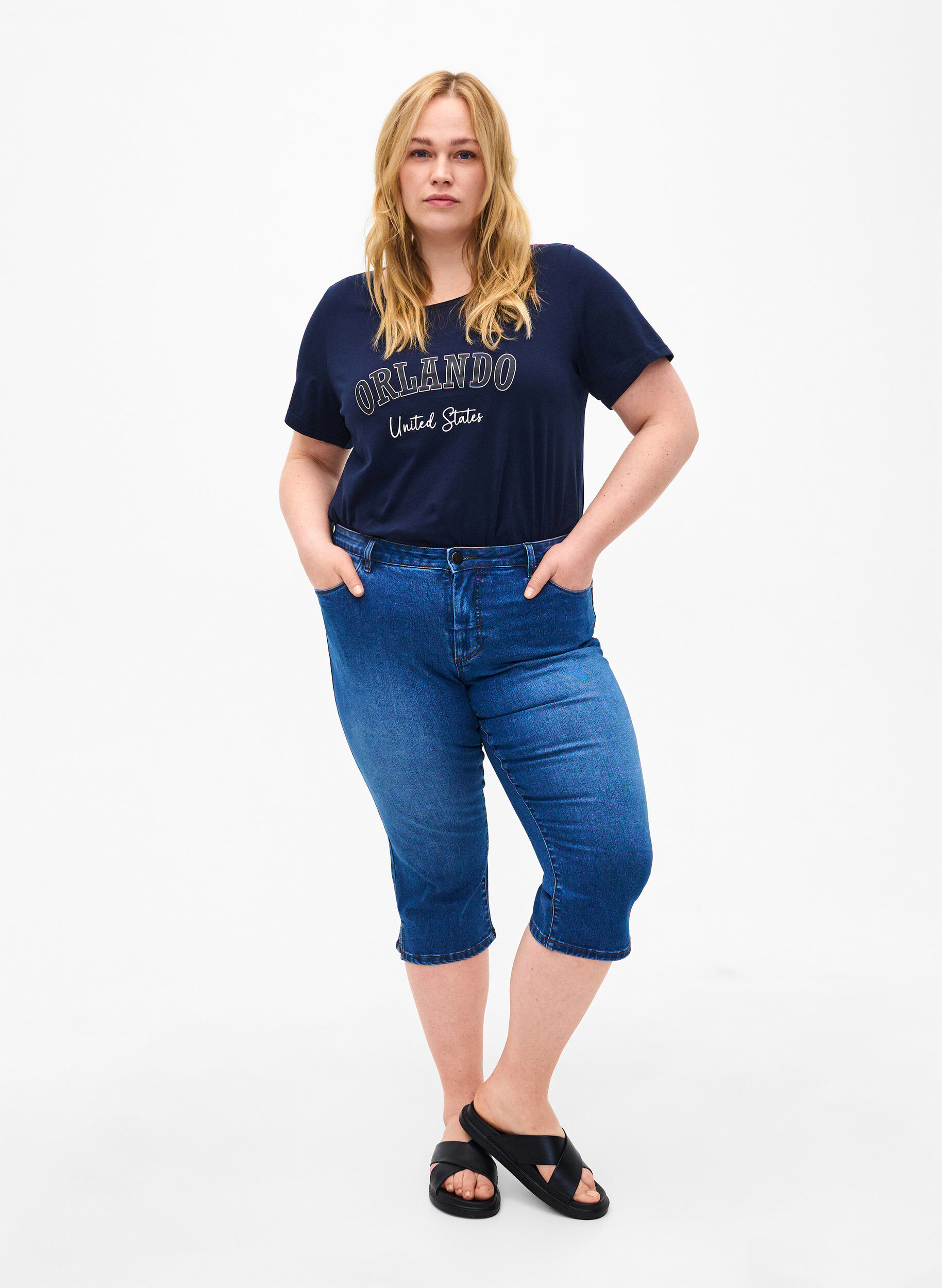 ZizziKatoenen T-shirt met tekst, Navy B. Orlando, Model image number 2