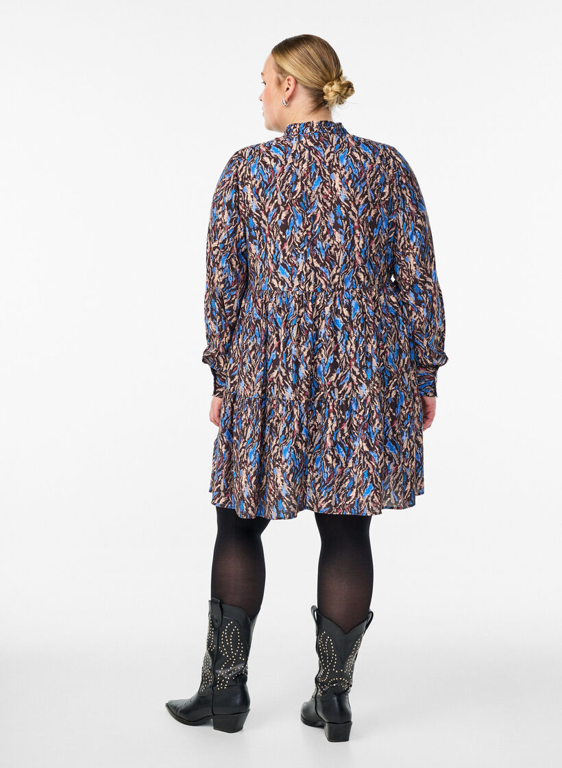 Robe trapèze avec col à volants, Bleu, Model image number 2