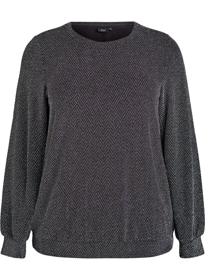 Blouse met visgraatpatroon en glinsterend garen, Zwart, Packshot image number 0
