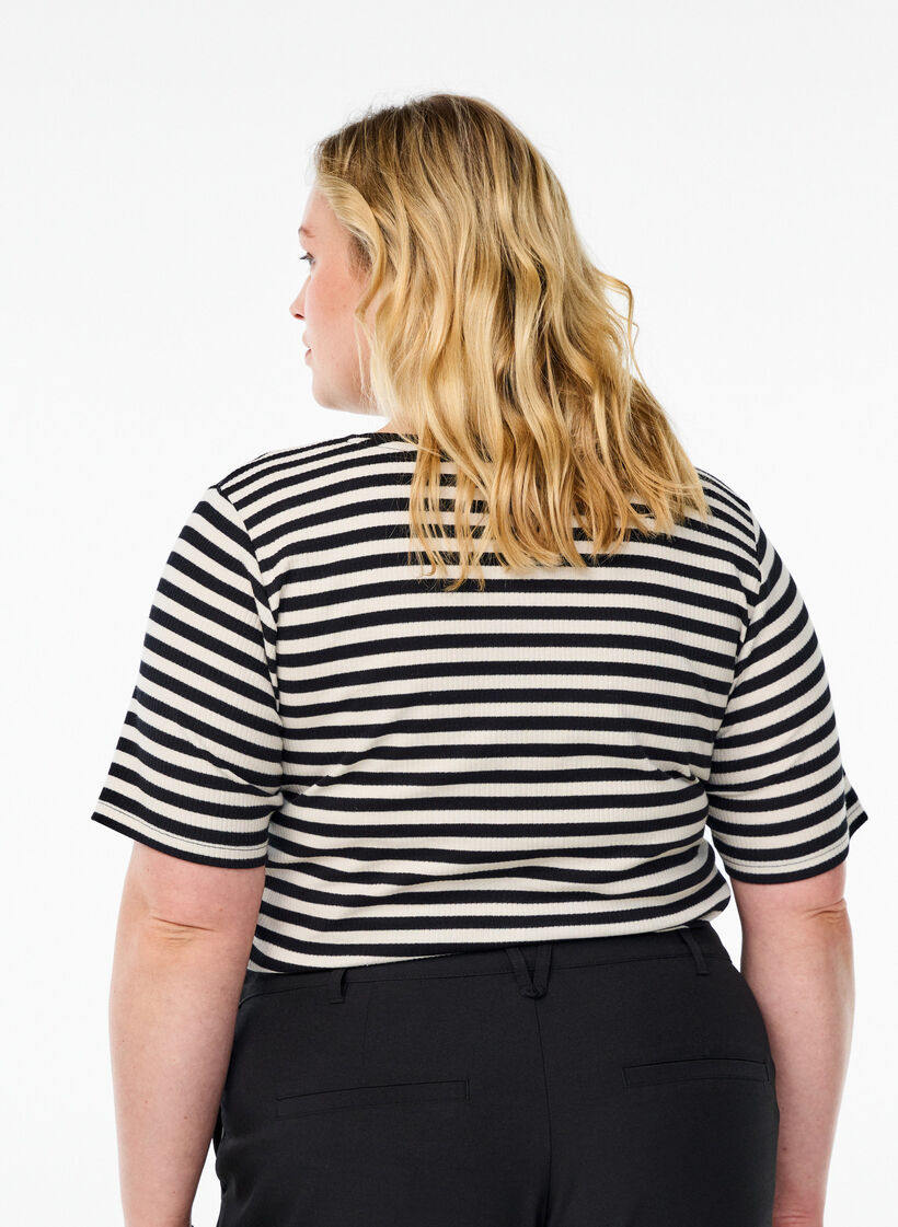 Gestreept T-shirt met geribbelde textuur, Zwart, Model image number 2