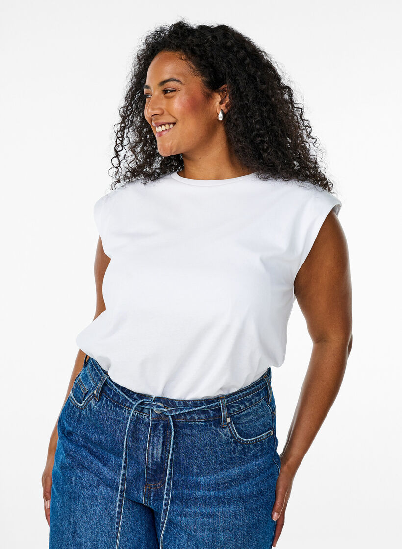 Chemisier en jersey sans manches avec épaulettes, Blanc, Model image number 0