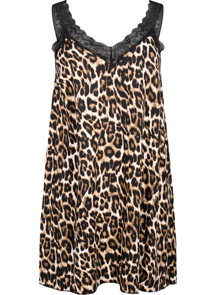Spaghetti-jurk van viscose met kant, Leopard, Packshot image number 0