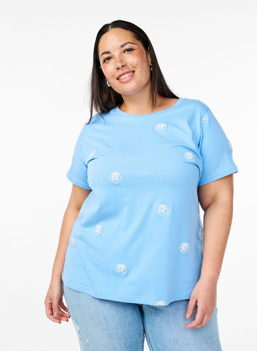 T-shirt in biologisch katoen met geborduurde motieven, Blauw, Model image number 0