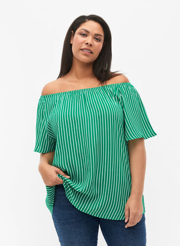 Effen blouse van viscose met korte mouwen, J.Green/White Stripe, Model image number 0