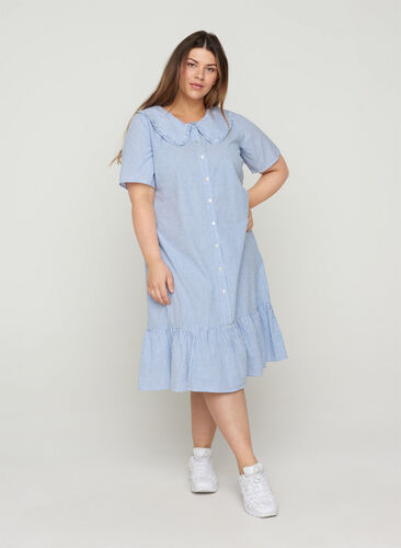Katoenen jurk met strepen en korte mouwen, Blue Stripe, Model image number 0