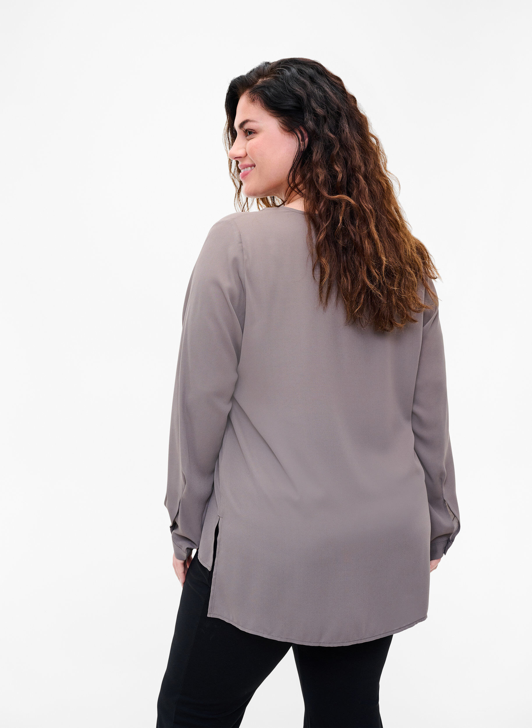 ZizziEffen kleur overhemd met v-hals, Falcon, Model image number 1