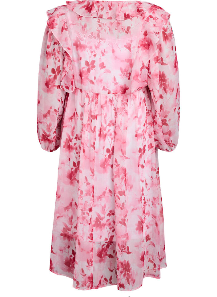Chiffonjurk met bloemenprint, ruches en lange mouwen, Roze, Packshot image number 1