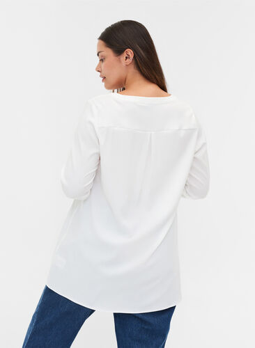 Lange blouse in effen kleur met borstzak, Warm Off-white, Model image number 1