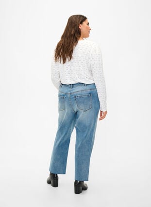 7/8 jeans met ruwe randjes en hoge taille, Light blue denim, Model image number 1