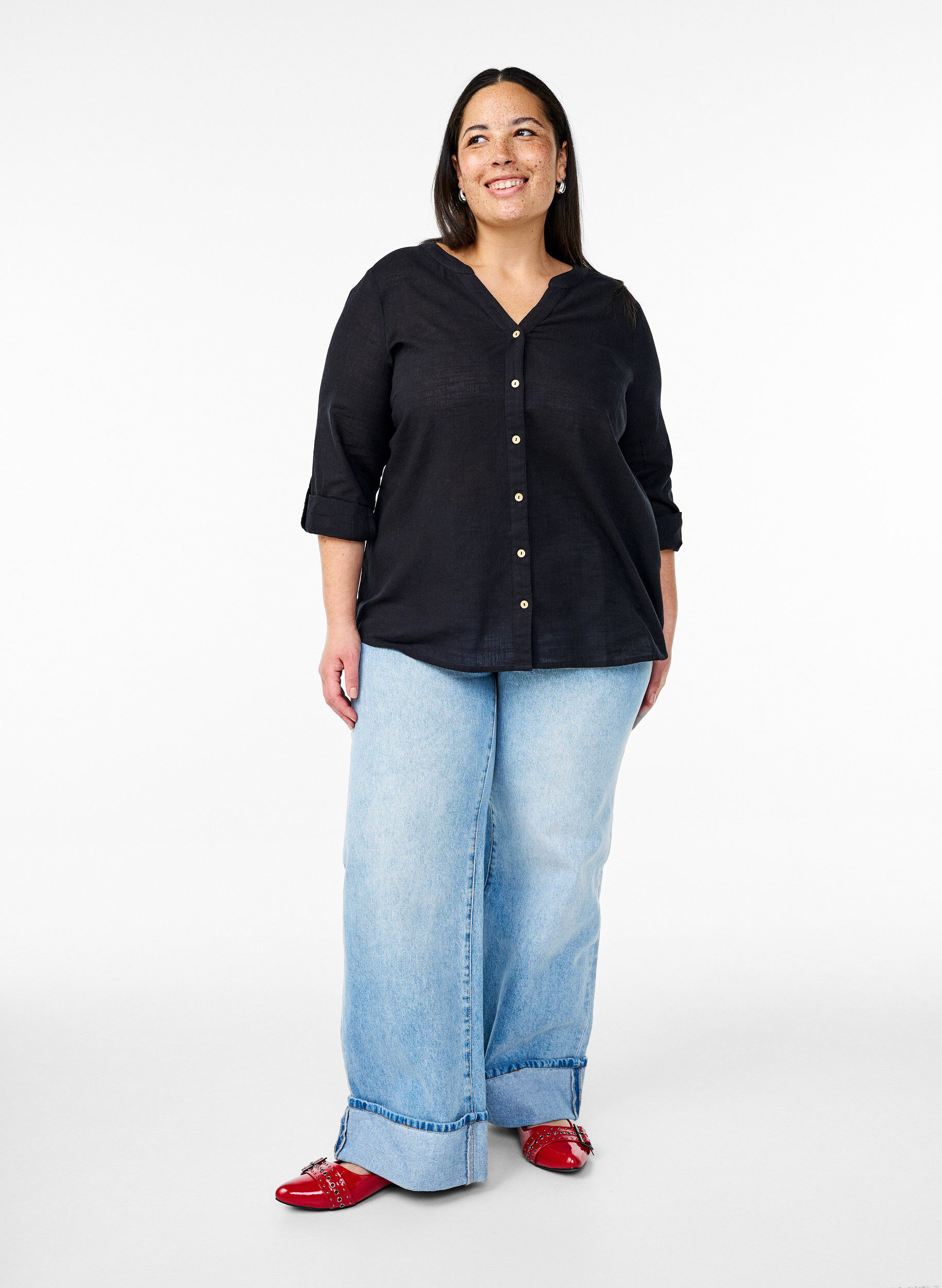 ZizziKatoenen blouse met een V-hals, Zwart, Model image number 1