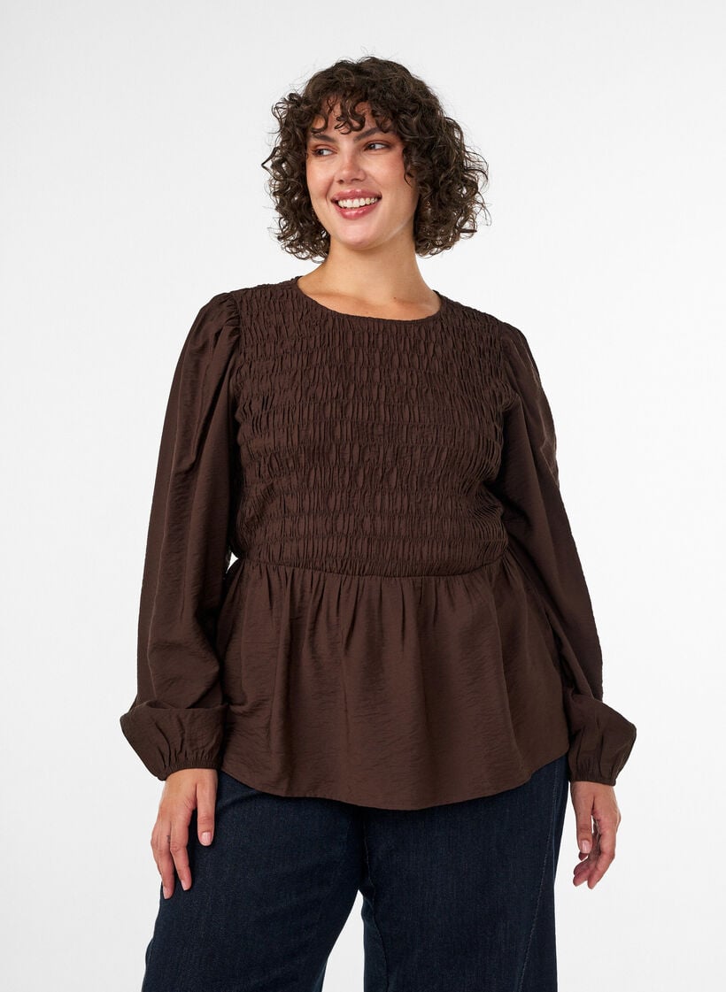 Blouse avec smocks et manches longues, Marron, Model image number 0