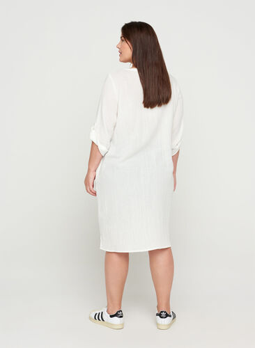 Katoenen jurk met knopen en 3/4 mouwen, Bright White, Model image number 1