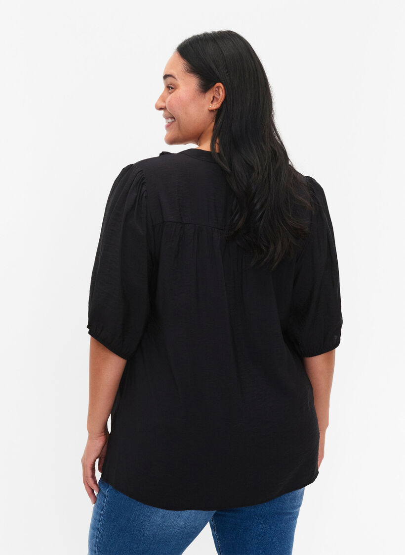 Viscose blouse met pofmouwen en ruches, Black, Model image number 1