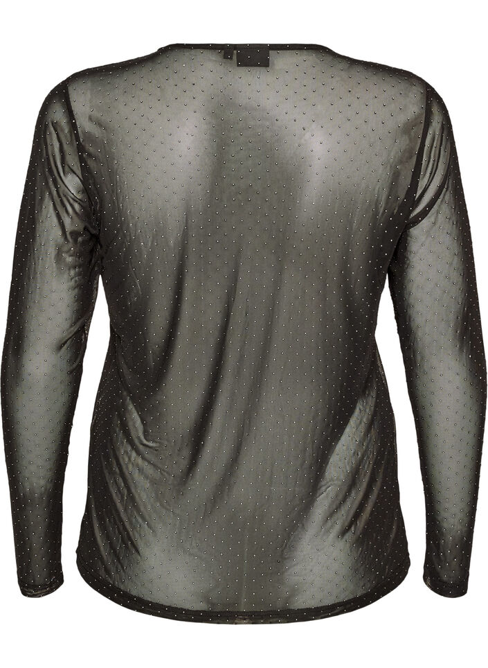 Transparante mesh blouse met strassteentjes, Zwart, Packshot