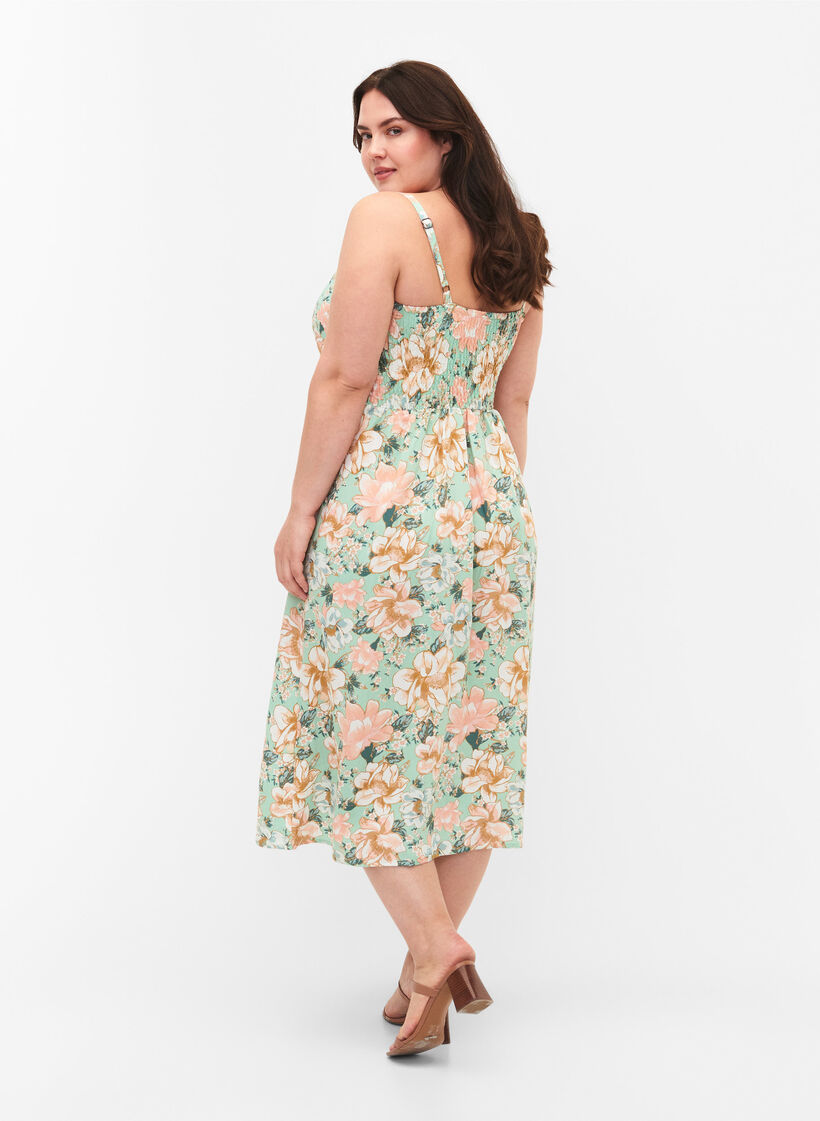 Gebloemde viscose strappy jurk met smock, Green Flower, Model image number 1