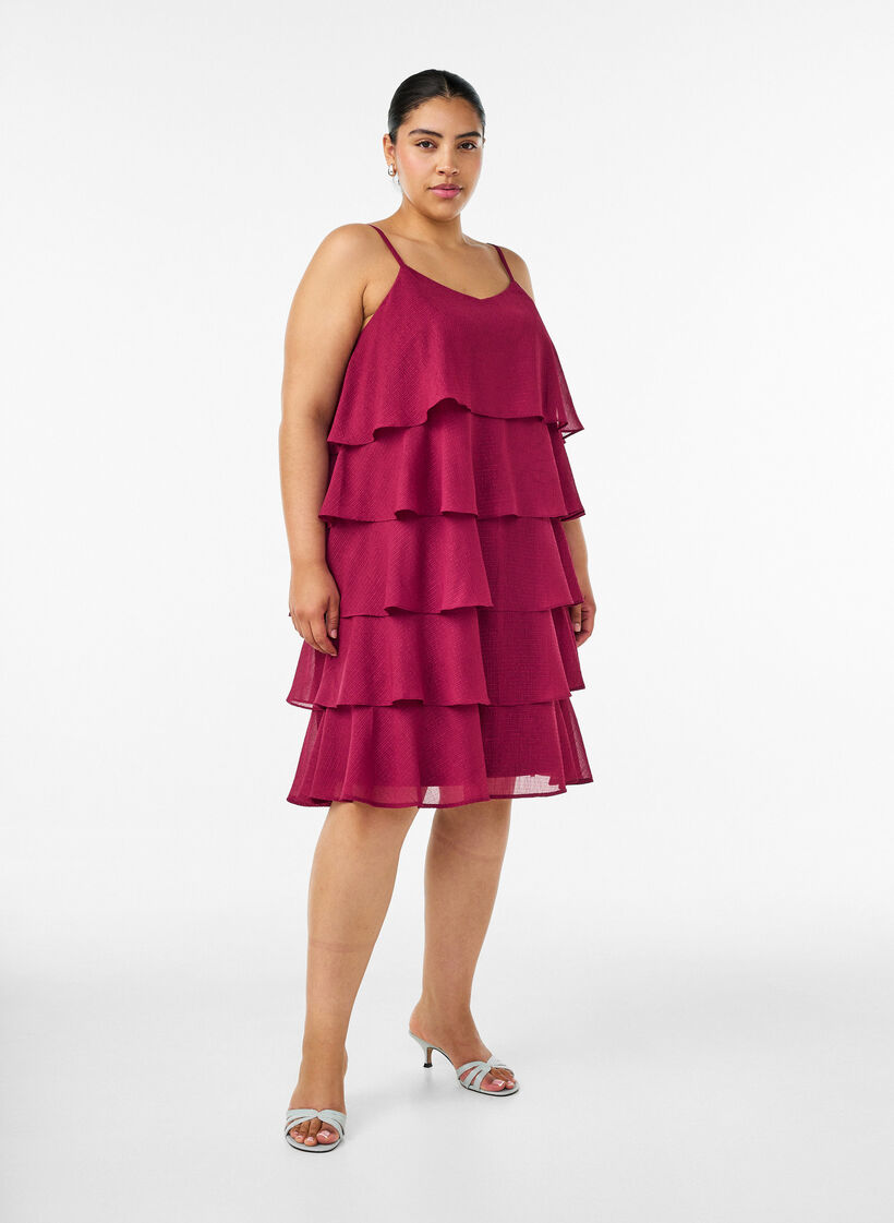 Robe &agrave; volants superpos&eacute;s avec fines bretelles, Rouge, Model image number 1